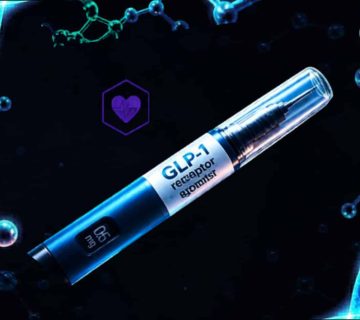 A GLP 1 receptor atomizer pen is shown against a dark background with blue DNA strands and molecule illustrations, suggesting a medical or scientific context 