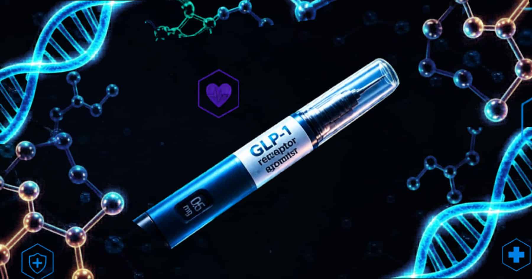 A GLP-1 receptor atomizer pen is shown against a dark background with blue DNA strands and molecule illustrations, suggesting a medical or scientific context. A GLP 1 receptor atomizer pen is shown against a dark background with blue DNA strands and molecule illustrations, suggesting a medical or scientific context