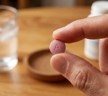 A hand holds a round pink pill with the letter "A" engraved on it  In the background, there is a glass of water, a white bottle, and a small dish on a wooden surface 