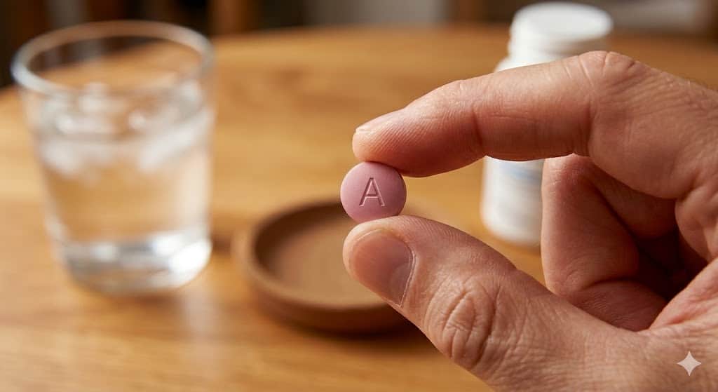 A hand holds a round pink pill with the letter "A" engraved on it. In the background, there is a glass of water, a white bottle, and a small dish on a wooden surface. A hand holds a round pink pill with the letter "A" engraved on it In the background, there is a glass of water, a white bottle, and a small dish on a wooden surface